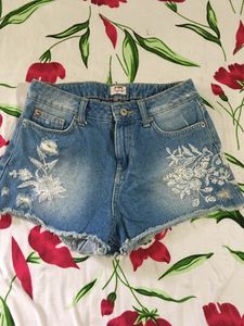 Denim  Shorts with Floral Lace Detail