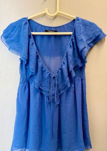 Blue Ruffle V-Neck Tie Top