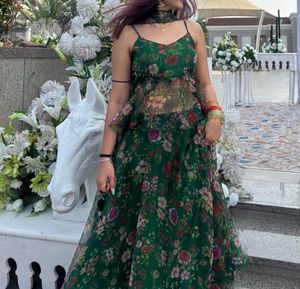 Green Floral Print Lehenga Choli Set