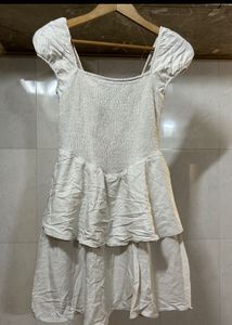 H&amp;M Cream Tiered Smocked Mini Dress