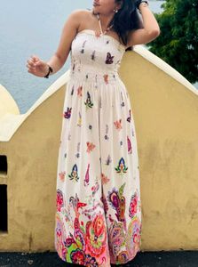 Boho Butterfly Print Strapless Maxi Dress