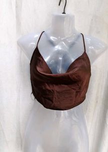 satin brown cowl neck top