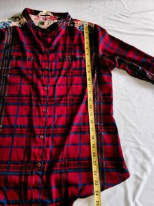 Red Plaid Button-Up Shirt with Floral Accents