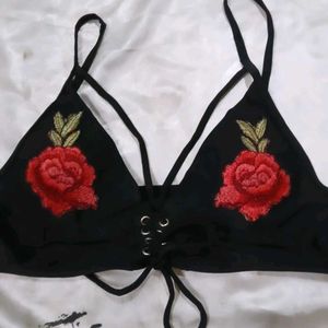 Black Embroidered Rose Bikini Top