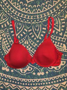 Red Lace Trim Bra (Lightly Padded, Underwired)