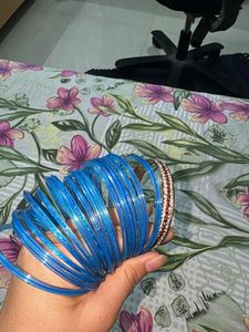 Stack of Blue Bangles with Embellished Bracelet