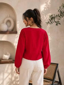Chic Red Tie-Front Blouse