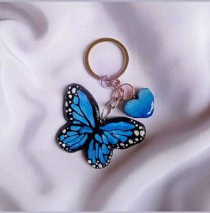 Blue Butterfly & Heart Keychain