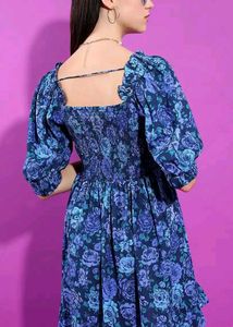 Blue Floral Smocked Square Neck Dress