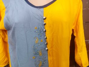 Yellow &amp; Grey Embroidered Kurta
