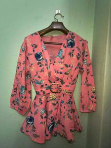 Deep V Neck  Floral Wrap Top with Belt
