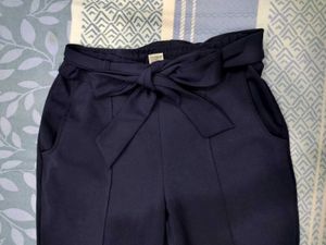 Women's Blue Straight-Fit Trousers with tieup belt