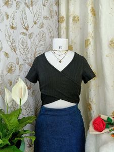 Ribbed Black Wrap Crop Top