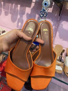 Zara Orange Satin Block Heels