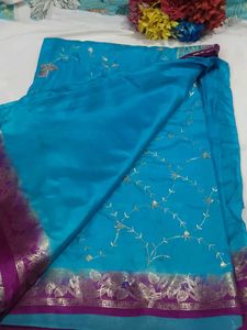 Beautiful Teal Embroidered Saree with blouse