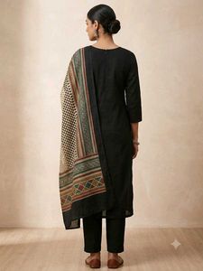 plain Black Kurta with Printed Dupatta