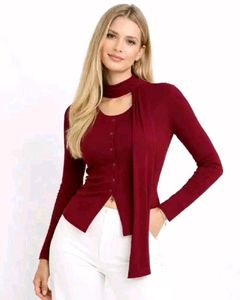 Chic Maroon Button-Up Top with Scarf