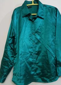 Elegant Emerald Satin Button-Down Shirt