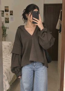 Oversized Hooded V-Neck Sweatshirt