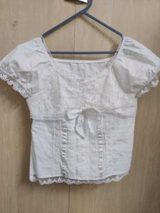 White Lace Detail Puff Sleeve Blouse