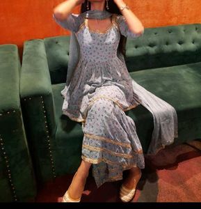 Blue Floral Print Sharara Suit