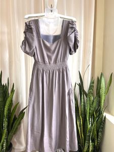 Imported  Puff Sleeve Midi Dress