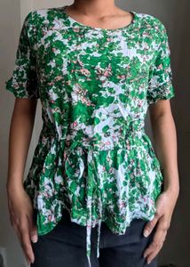 Green & White Floral Print Top