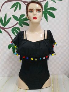 (285)Black Ruffle Pom-Pom Swimsuit