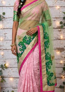 Designer Pink & Green Embroidered Saree