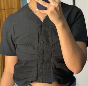 Black Textured Button-Up Top