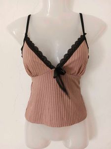 Pink Ribbed Camisole with Black Lace Trim