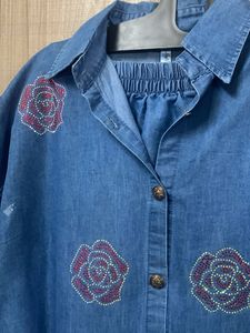 Denim Kurta Set with Rose Work