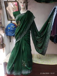 Green  Saree Silver Sargoski Border