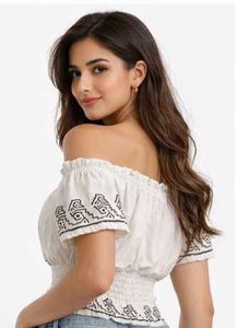 Trendy Off Shoulder White Crop Top | Smocked Waist