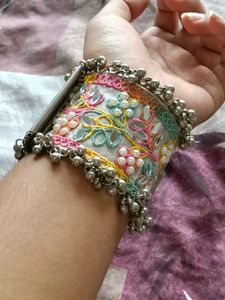 Embroidered Cuff Bracelet with jhumkis