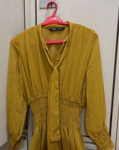 Mustard Yellow Smocked Midi Dress