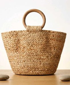 Woven Jute Tote Bag with Wooden Handles