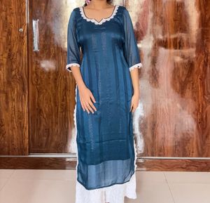 Teal Shimmer Kurti with White Lace Trim