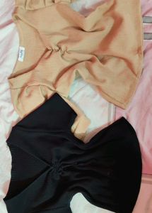 2 Ribbed Knit Tops - Black &amp; Beige