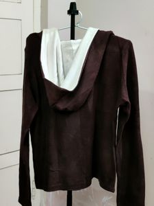 💥BUY1GET1💥 imported brown quarter-zip hoodie with white trim.
