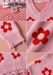 PINK RED FLOWER DISTRESSED V-NECK KNIT SWEATER