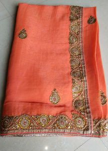 Beautiful Peach/Coral Embroidered Saree with Heavy