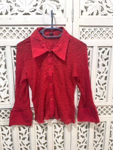 💝Red Textured Bell Sleeve Shirt G