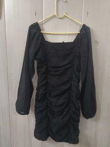 Black Ruched Square Neck Dress