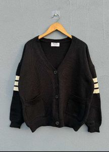 Black Knit Cardigan with Striped Sleeves