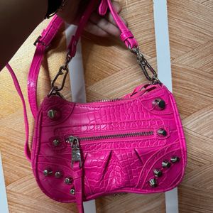 Hot Pink Croc Embossed Shoulder Bag