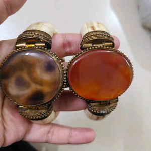 Boho Buffalo Bone Cuff Bangle with Chalcedony 2pc