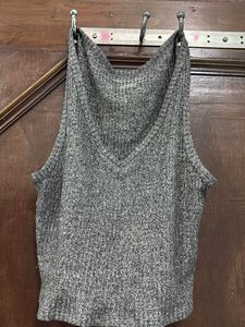 Grey Ribbed V-Neck Tank Top