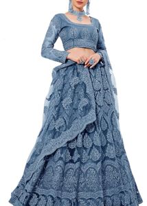 Blue Net Semi Stitched Lehenga