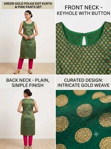 Green Gold Polka Dot Kurta & Pink Pants Set